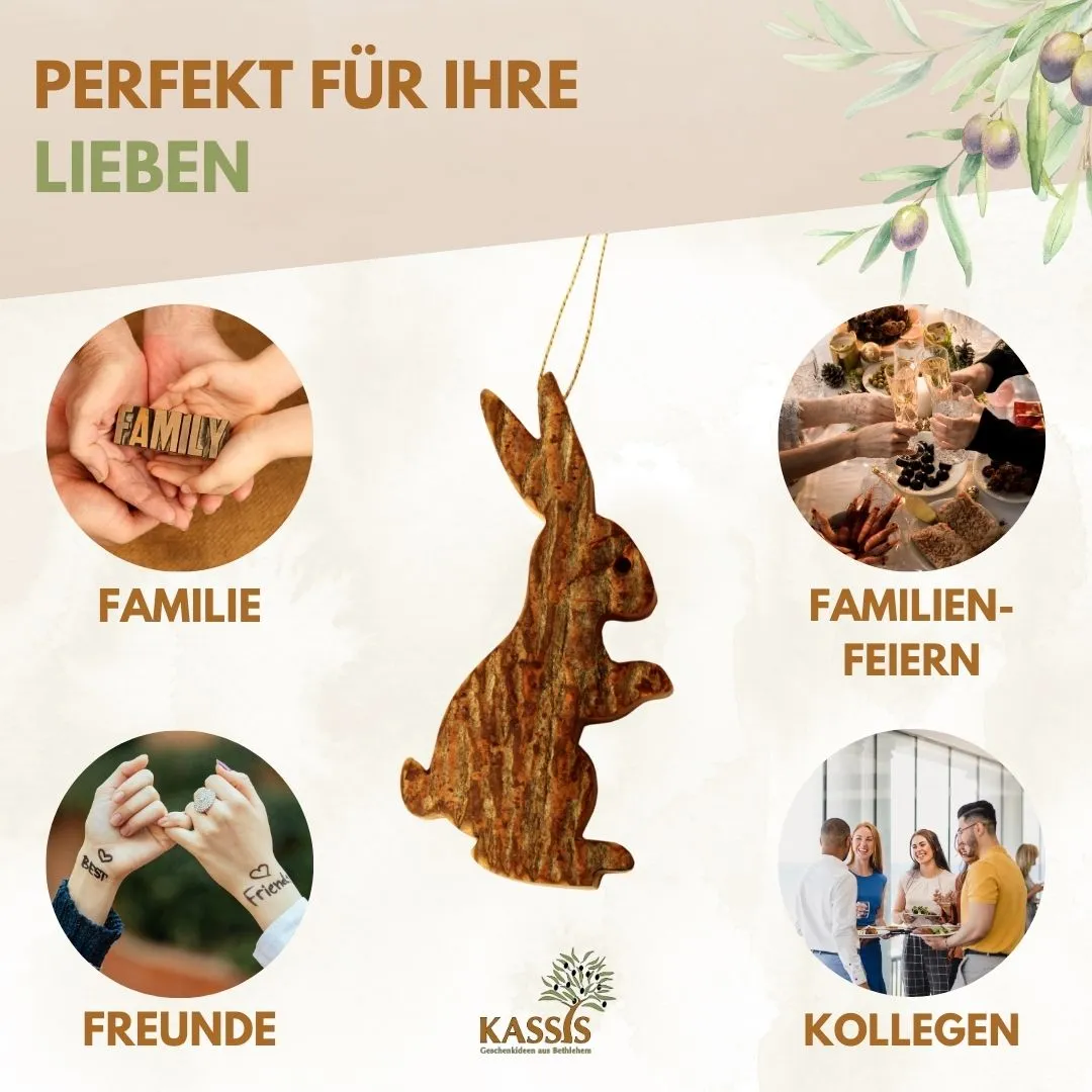 Kassis Osterhase Anhänger Olivenholz mit Rinde 9 cm