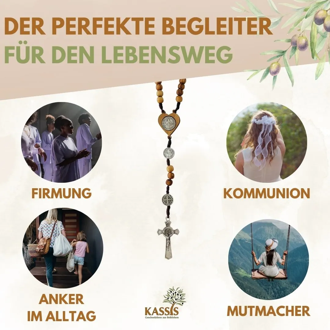 Kassis St. Benedikt Rosenkranz Olivenholz mit Medaille Gebetskette