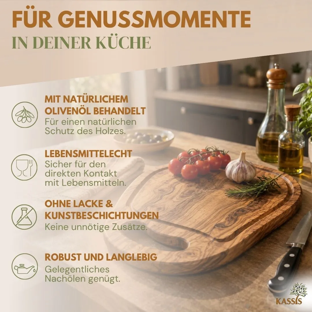 Kassis Schneidebrett Olivenholz mit Griff und Saftrille