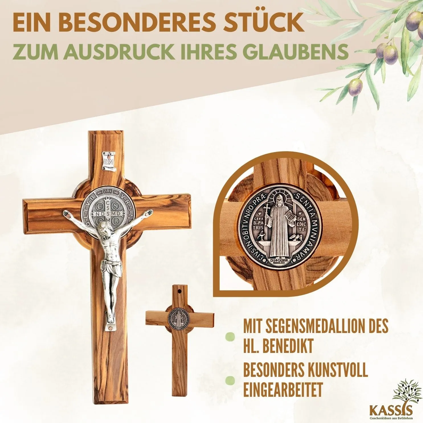 Kassis St. Benedikt Kreuz Olivenholz Wandkreuz