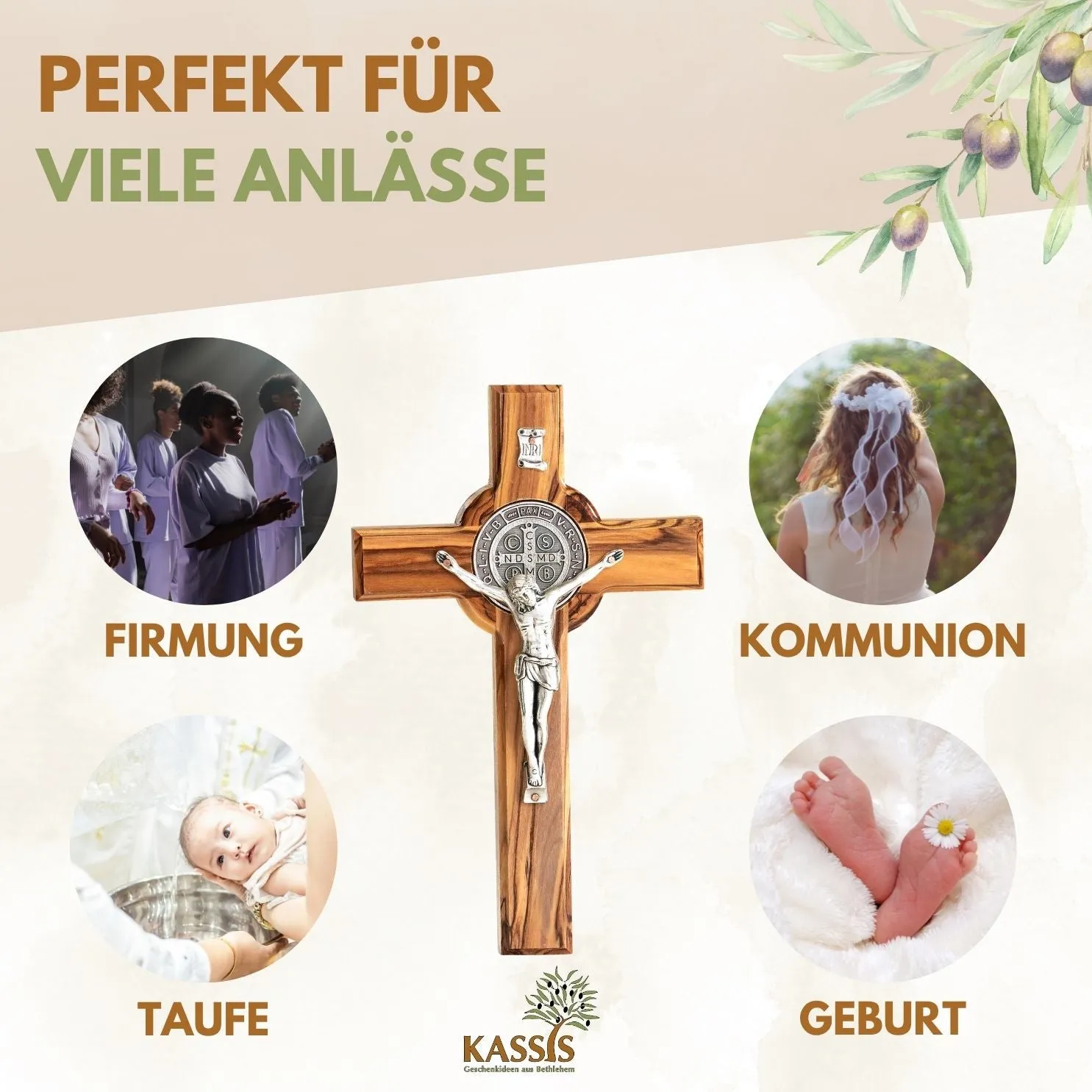 Kassis St. Benedikt Kreuz Olivenholz Wandkreuz
