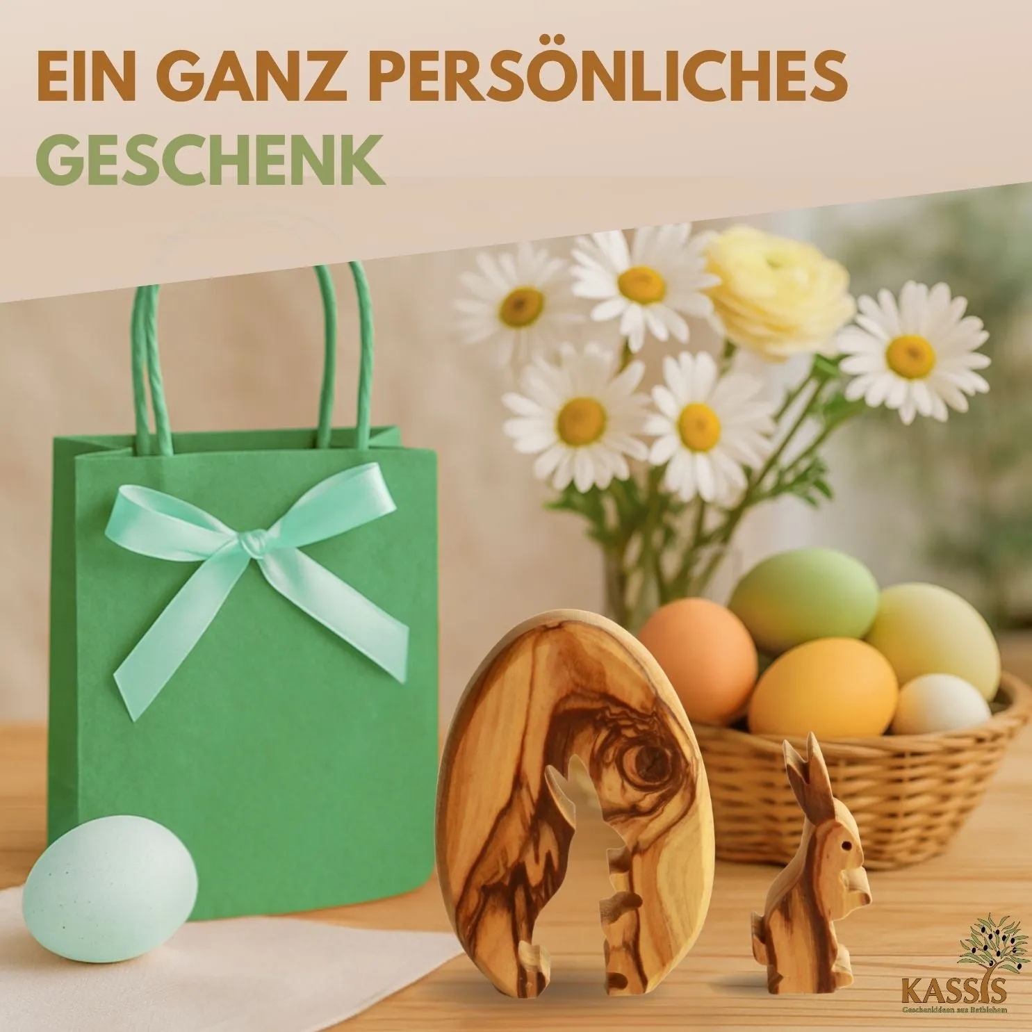 Kassis Osterhase im Ei Olivenholz Tischdeko mit Gravur