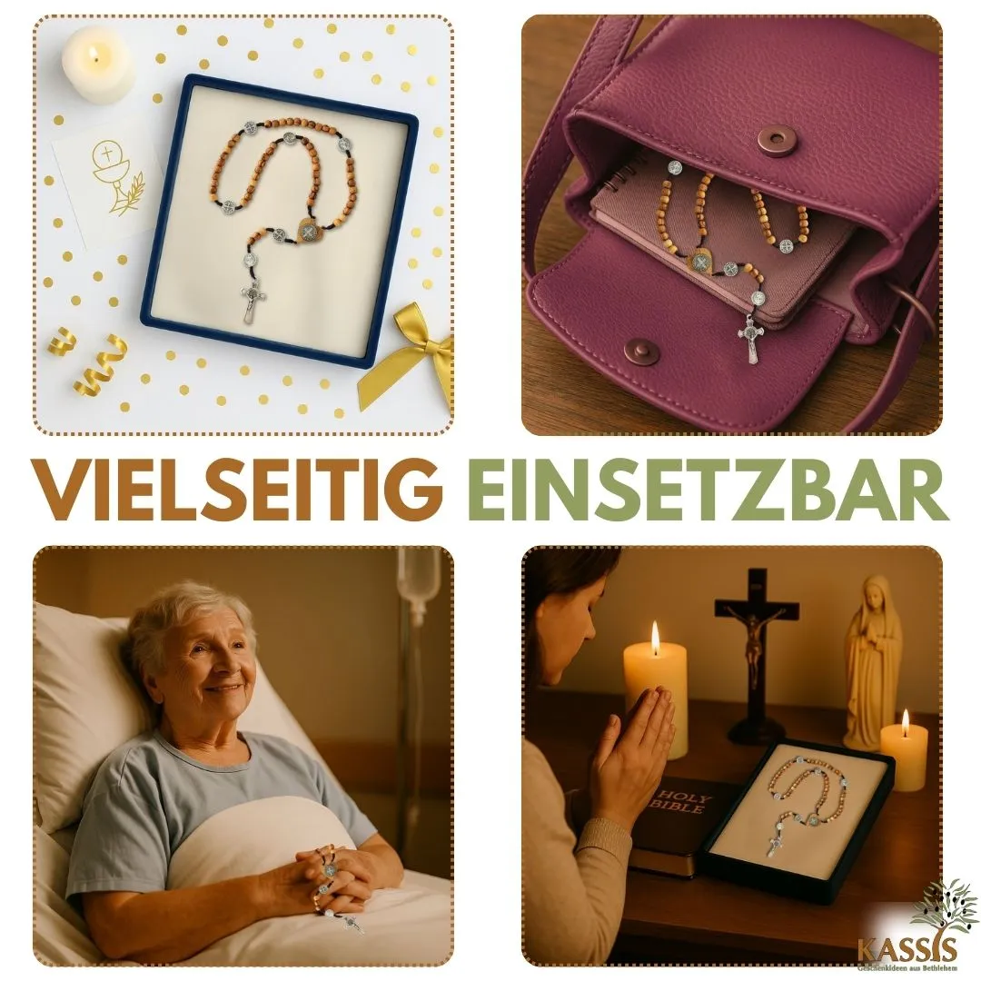 Kassis St. Benedikt Rosenkranz Olivenholz mit Medaille Gebetskette