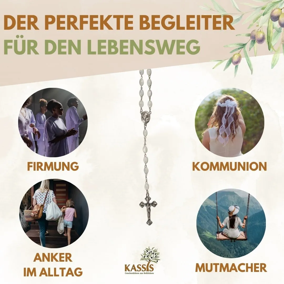 Kassis Geschenkartikel Rosenkranz ovale Perlen Gebetskette Perlmutt 55cm