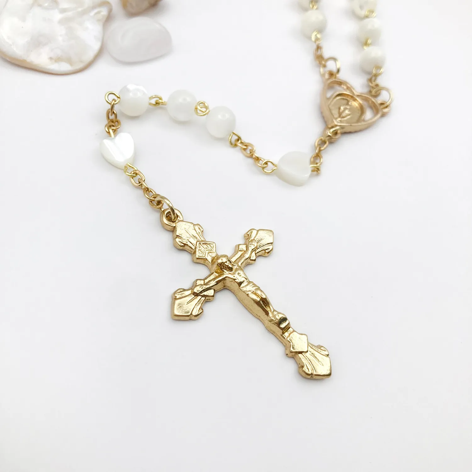 rosenkranz-shop Perlmutt-Rosenkranz Herz gold 48 cm