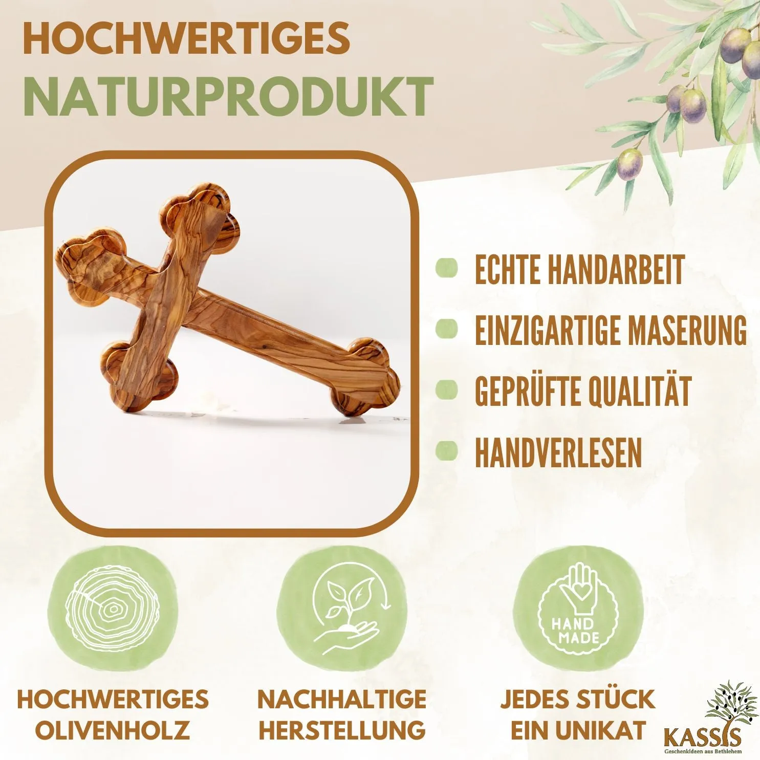 Kassis Geschenkartikel Kreuz mit runden Kanten Wandkreuz Olivenholz Gravur