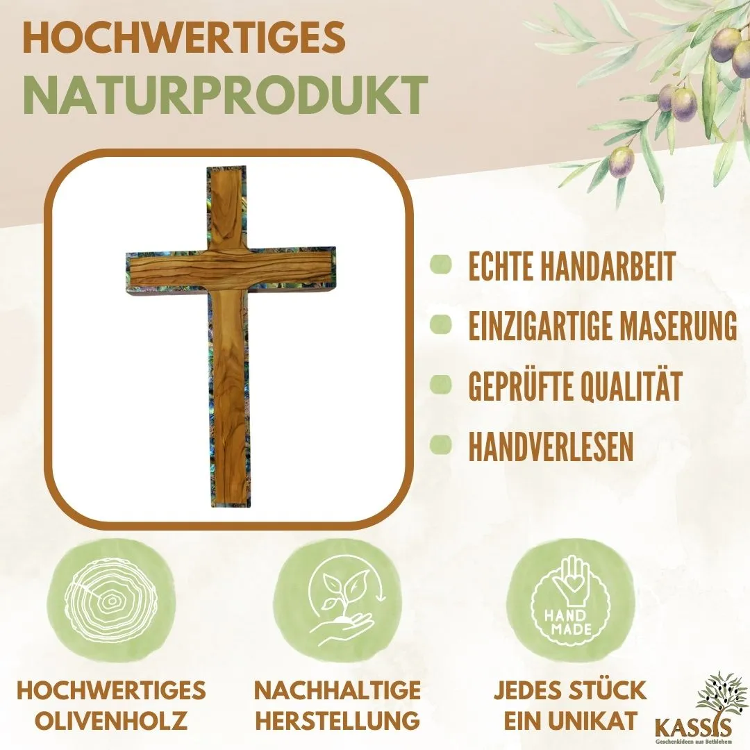 Kassis Geschenkartikel Kreuz mit Perlmutt-Rand Wandkreuz 25x15 cm