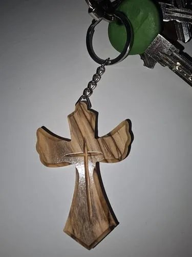 Kassis Geschenkartikel Schlüsselanhänger Kreuz Engel Olivenholz