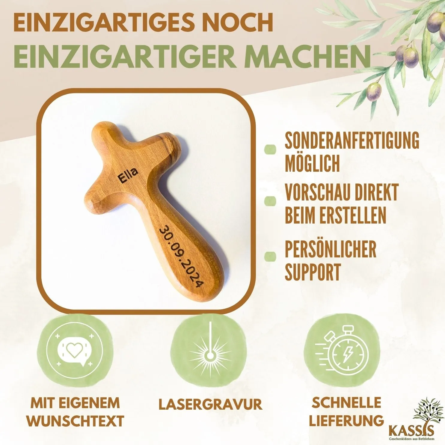 Kassis Kreuz Handschmeichler Olivenholz Handkreuz