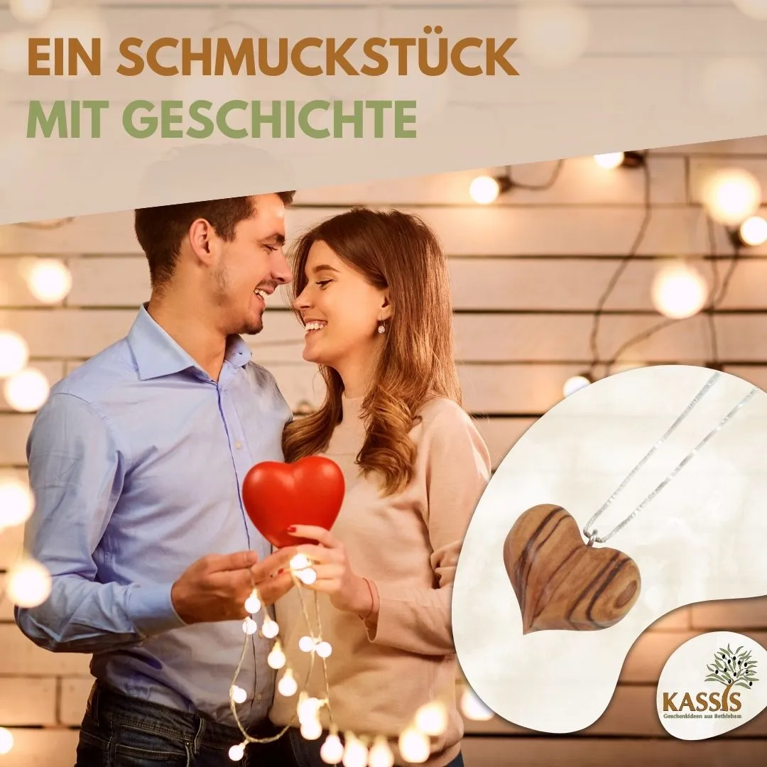 Kassis Herz Halskette Olivenholz 925 Silber 44 cm