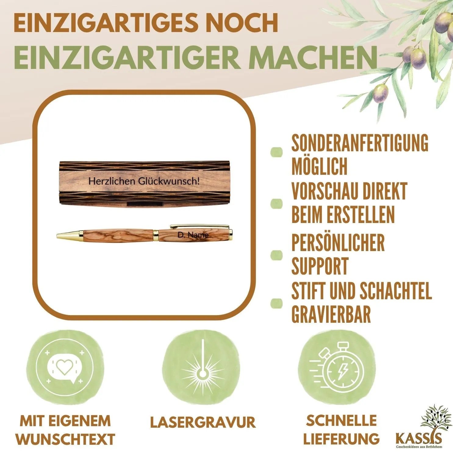 Kassis Geschenkartikel Kugelschreiber Schreibset Olivenholz Box Gravur