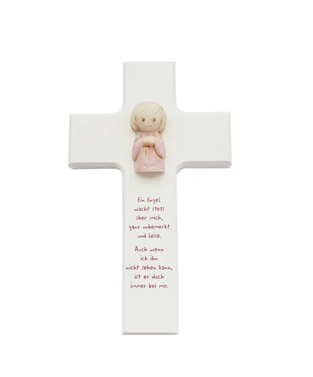 KVN Kinder-Kreuz 15 x 9 cm weiß mit rosa Ton-Engel