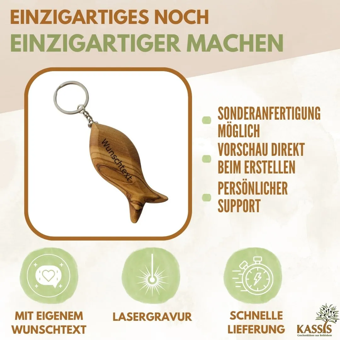 Kassis Fisch Schlüsselanhänger Olivenholz mit Gravur
