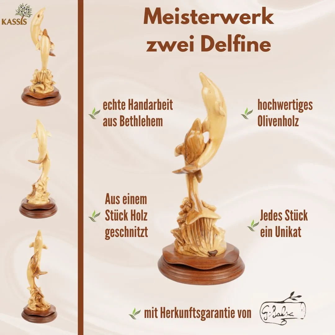 Kassis Zwei Delfine Skulptur Olivenholz 32 cm Bethlehem