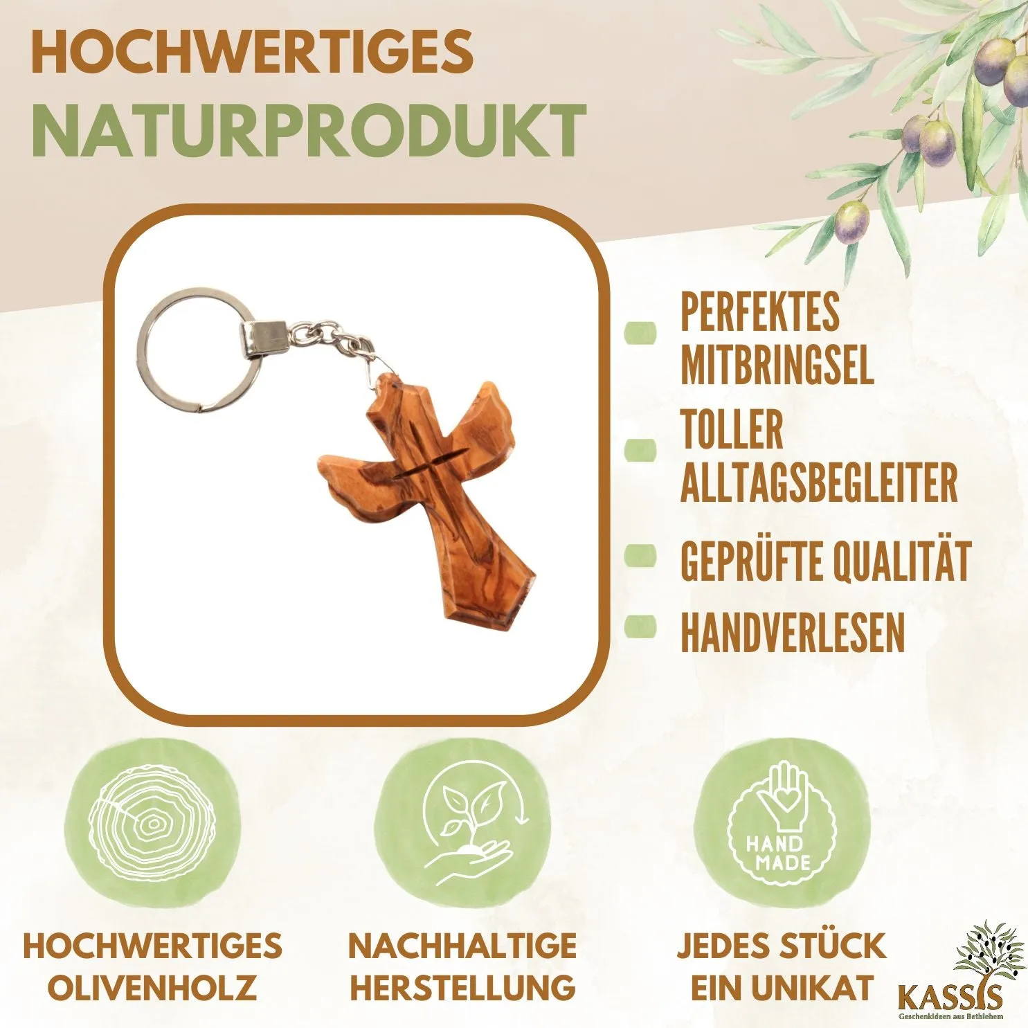 Kassis Geschenkartikel Schlüsselanhänger Kreuz Engel Olivenholz