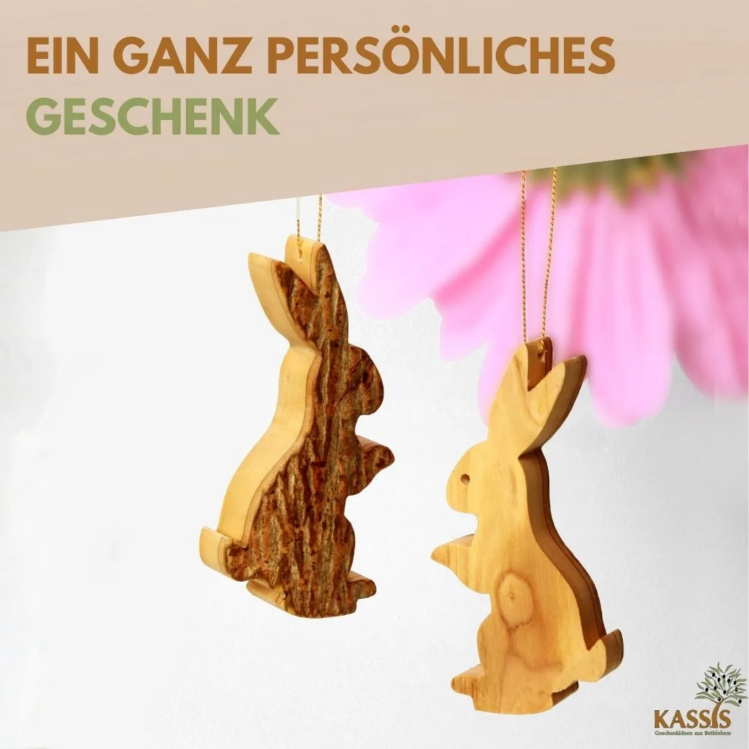 Kassis Osterhase Anhänger Olivenholz mit Rinde 9 cm
