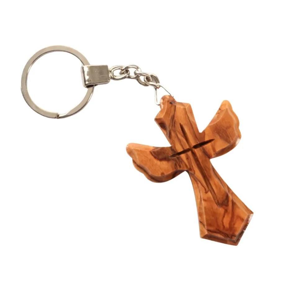 Kassis Geschenkartikel Schlüsselanhänger Kreuz Engel Olivenholz