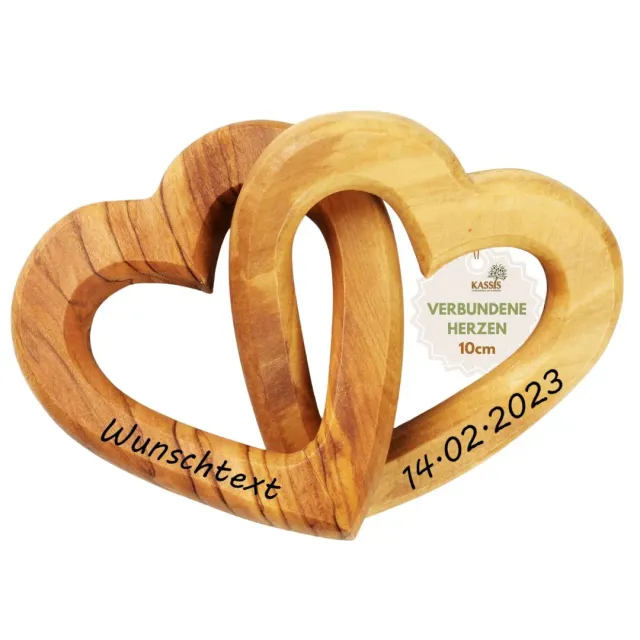 Kassis Verbundene Herzen Olivenholz mit Gravur Hochzeit