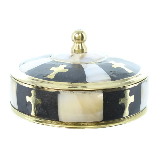 Palais du Rosaire Rosenkranzbox rund Perlmutt Messing 4,5 cm