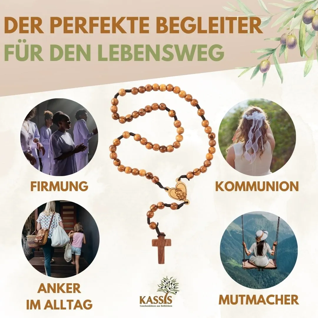 Kassis Rosenkranz Herz Maria 42 cm aus Olivenholz Taufe