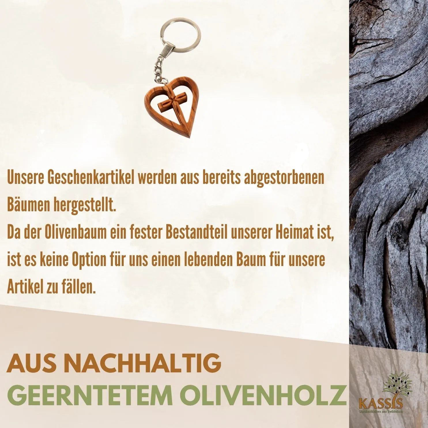 Kassis Schlüsselanhänger Kreuz im Herz Olivenholz