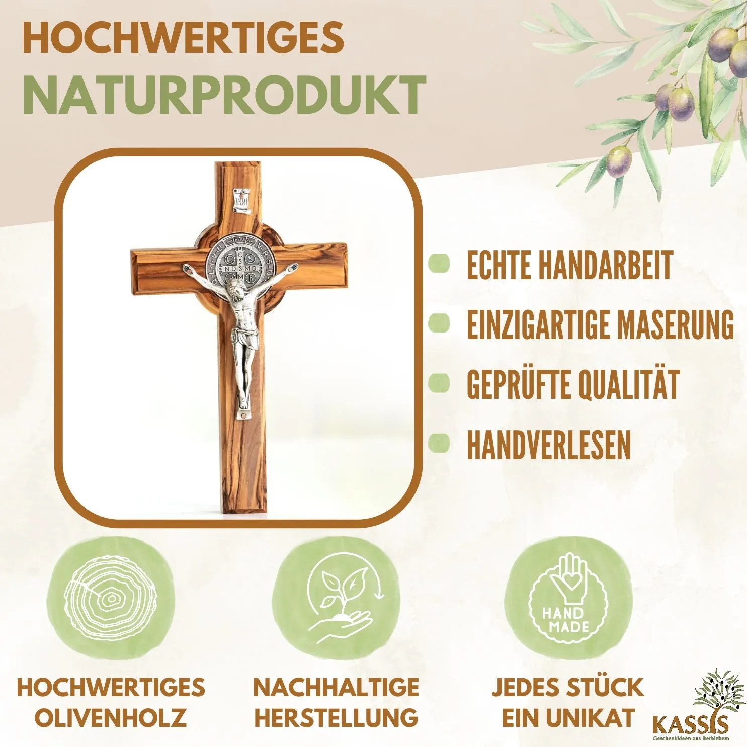 Kassis St. Benedikt Kreuz Olivenholz Wandkreuz