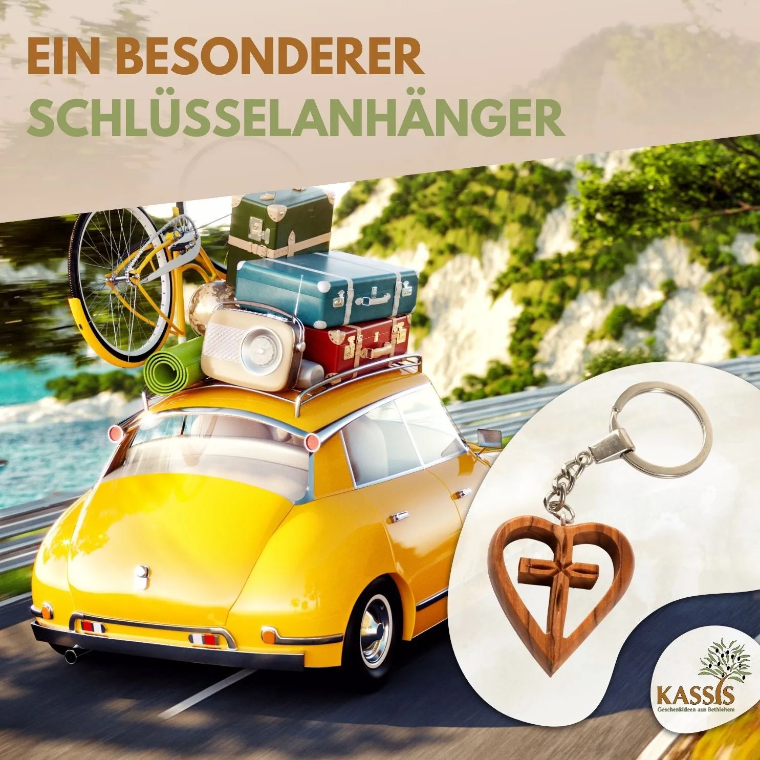 Kassis Schlüsselanhänger Kreuz im Herz Olivenholz