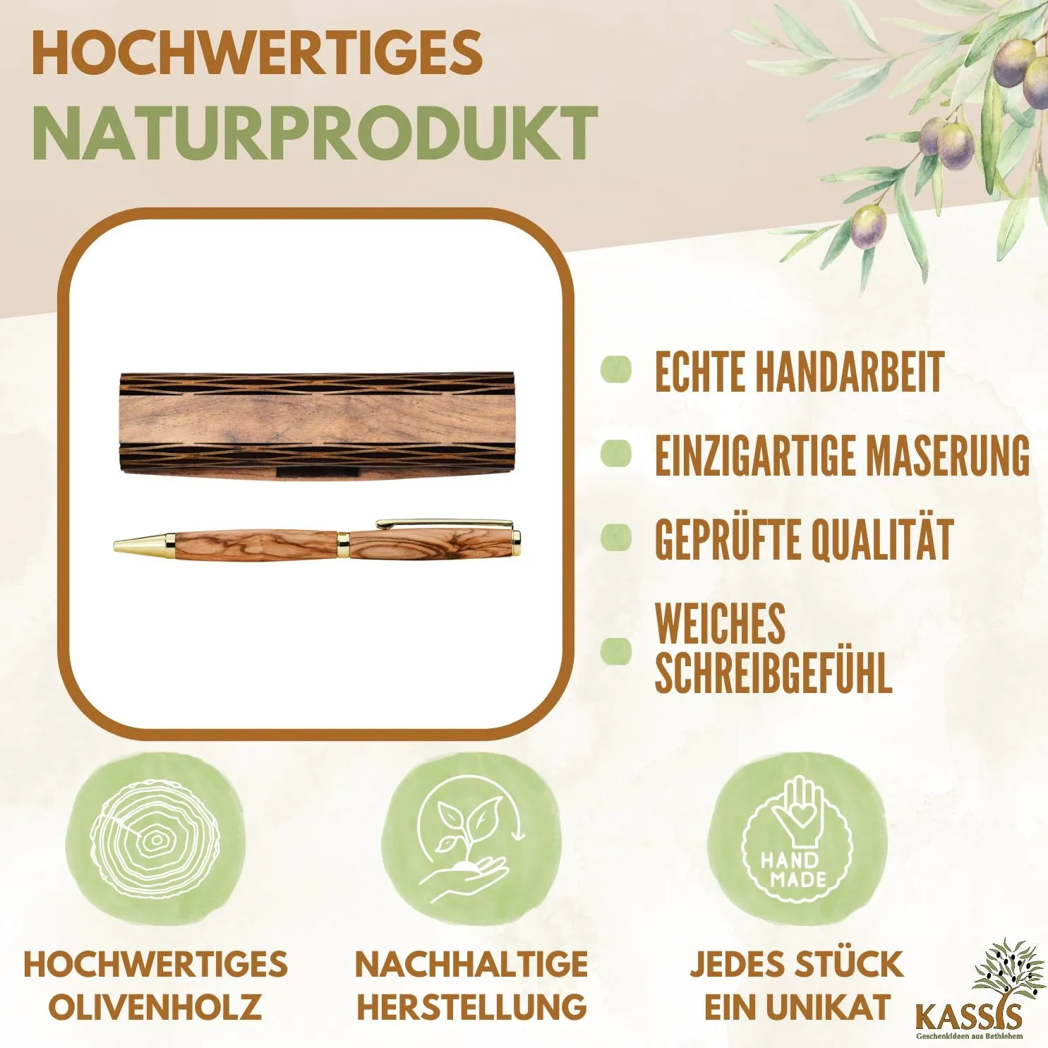 Kassis Kugelschreiber Olivenholz Holzschachtel Kuli mit Gravur
