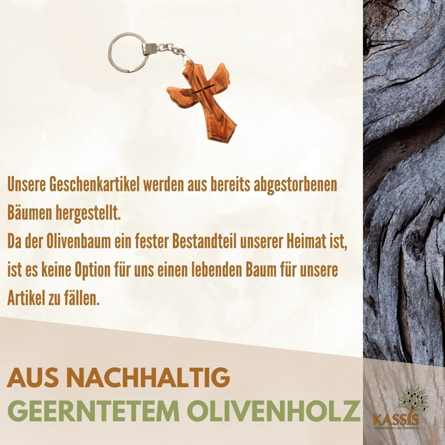 Kassis Geschenkartikel Schlüsselanhänger Kreuz Engel Olivenholz
