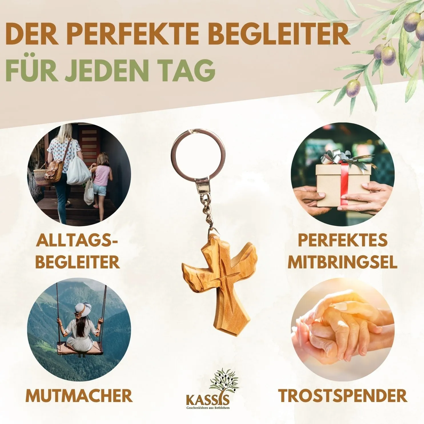 Kassis Geschenkartikel Schlüsselanhänger Kreuz Engel Olivenholz