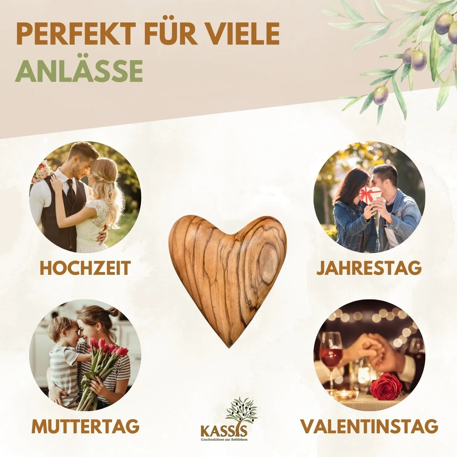 Kassis Geschenkartikel Herz Handschmeichler Olivenholz mit Gravur