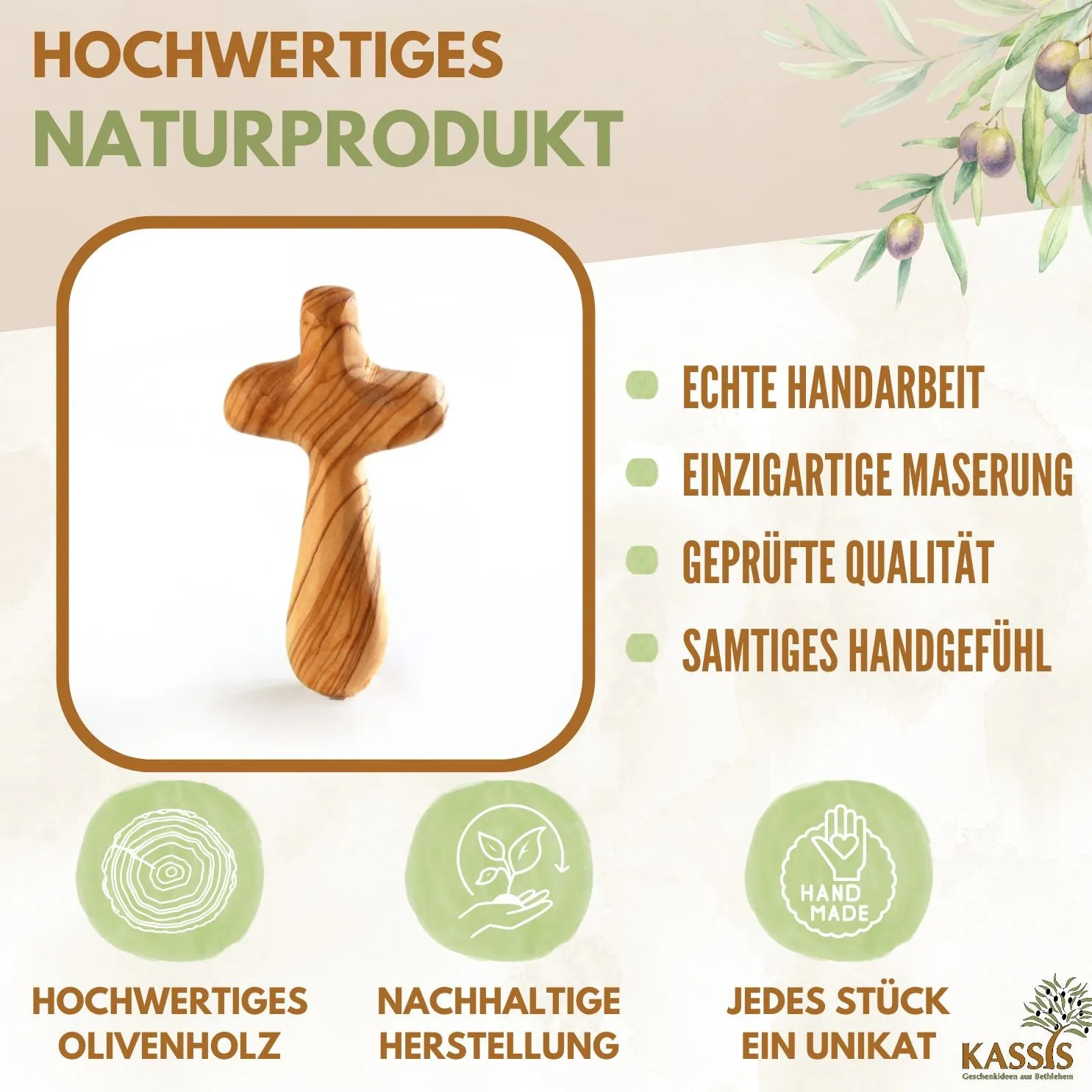 Kassis Geschenkartikel Handschmeichler Handkreuz Olivenholz Gravur