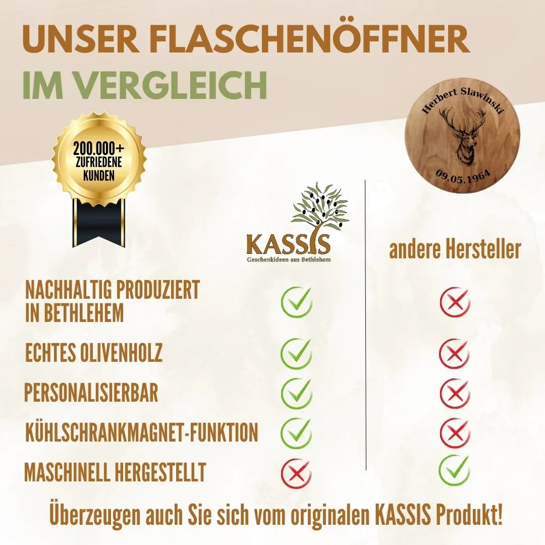 Kassis Flaschenöffner Olivenholz mit Gravur Magnet
