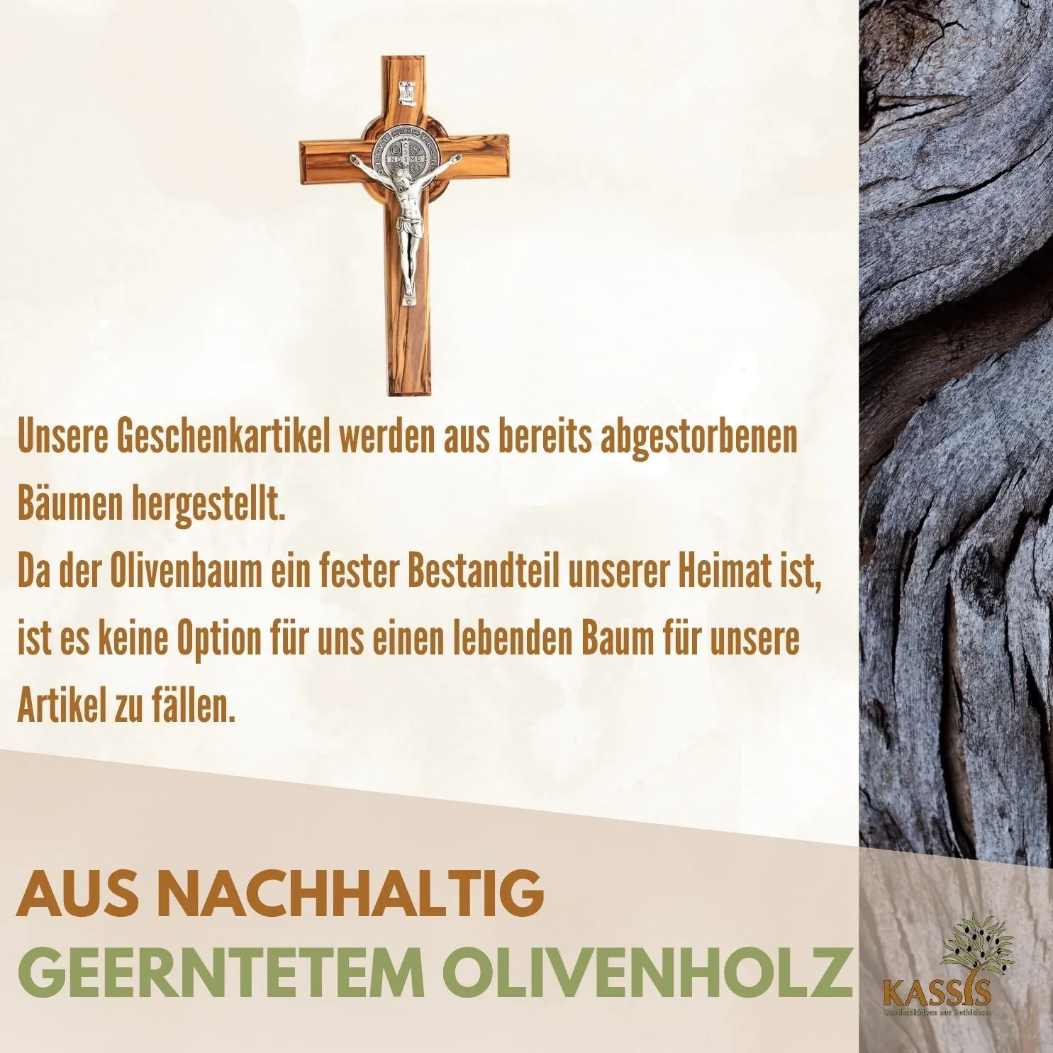Kassis St. Benedikt Kreuz Olivenholz Wandkreuz