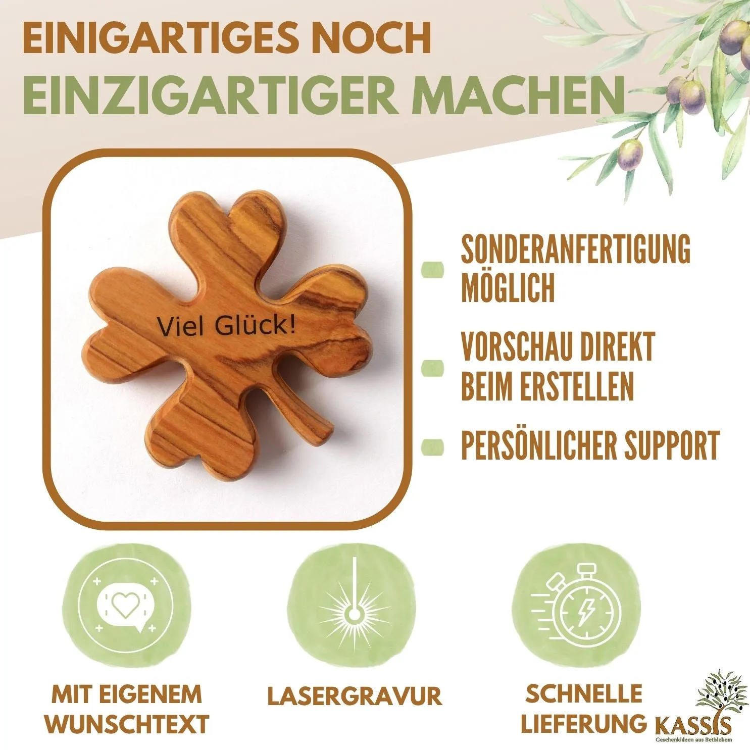 Kassis Kleeblatt Glücksbringer Olivenholz 6 cm mit Gravur