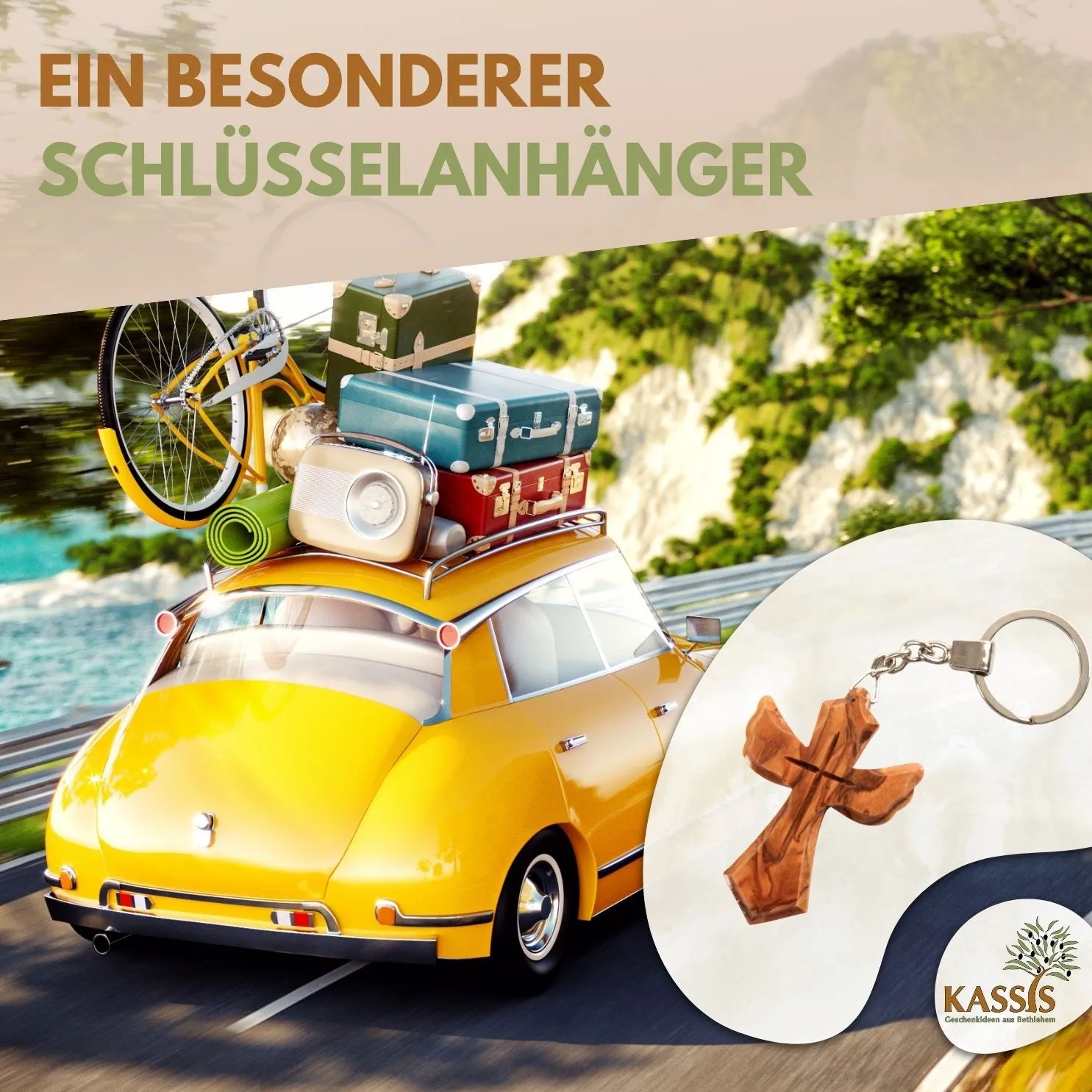 Kassis Geschenkartikel Schlüsselanhänger Kreuz Engel Olivenholz