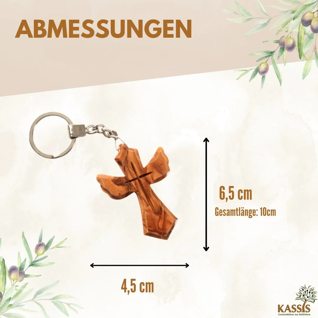 Kassis Geschenkartikel Schlüsselanhänger Kreuz Engel Olivenholz