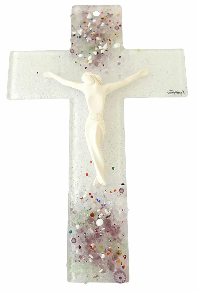 KVN Glas-Kreuz mit Keramik-Korpus Glaskreuz Murano-Glas-Blumen