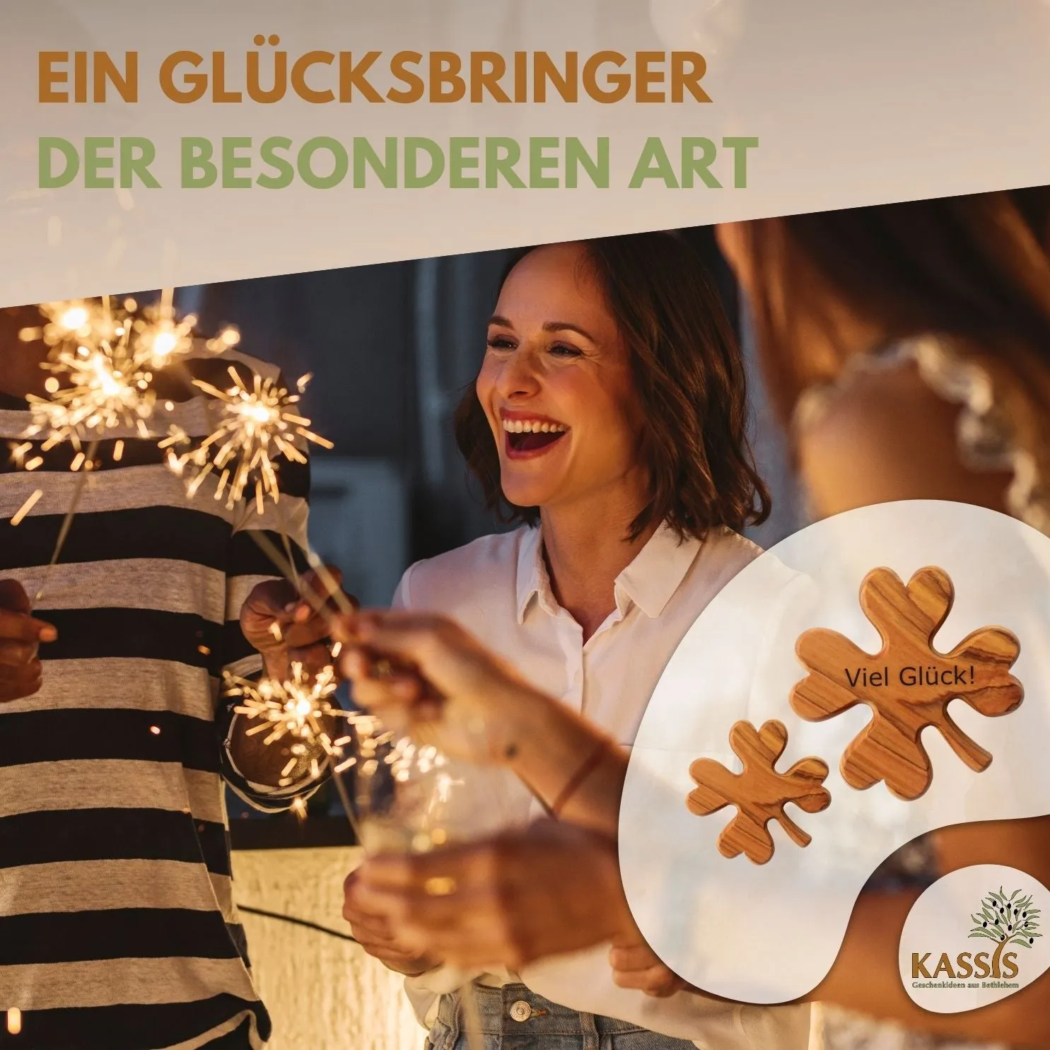 Kassis Kleeblatt Glücksbringer Olivenholz 6 cm mit Gravur