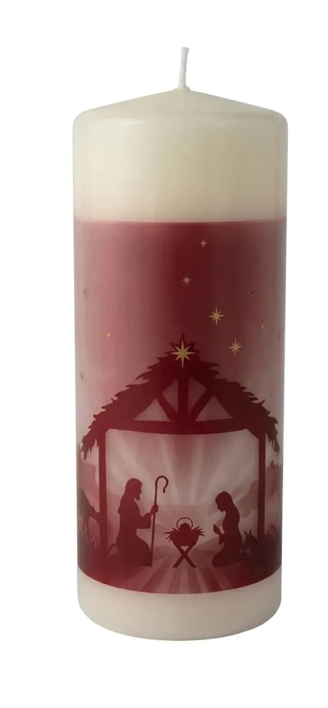 KVN Stumpenkerze 150/60 Weihnachtskrippe rot-weiß 8456