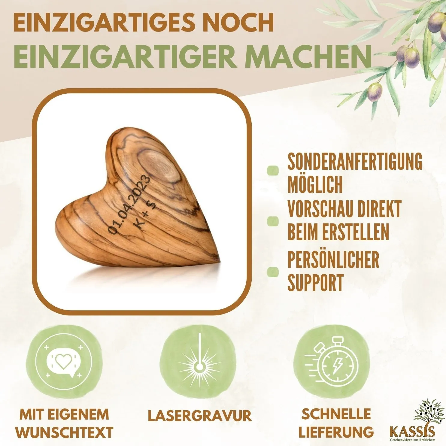 Kassis Herz Handschmeichler Olivenholz Glücksbringer