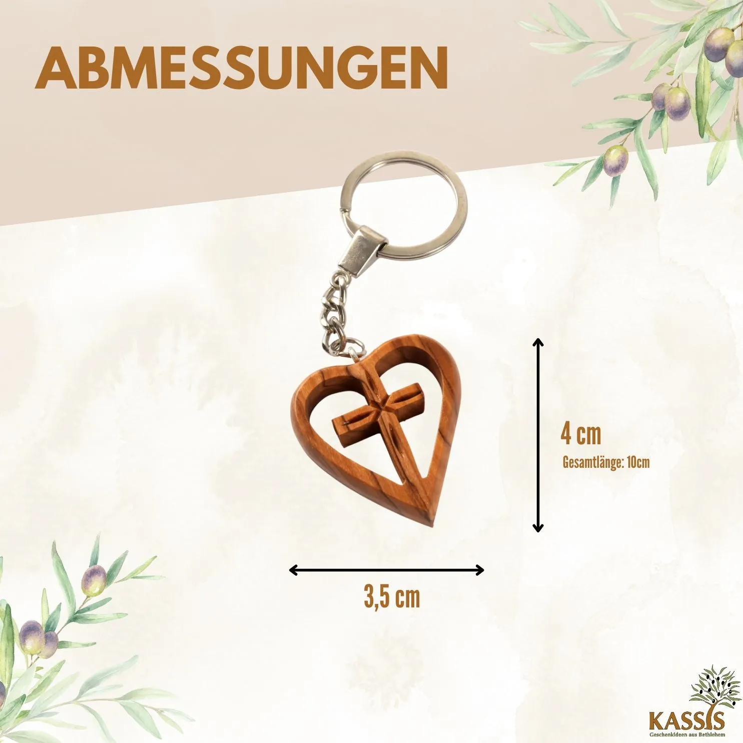 Kassis Schlüsselanhänger Kreuz im Herz Olivenholz