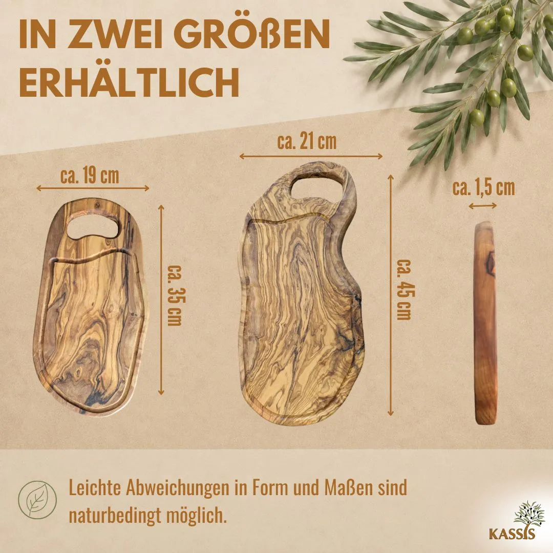 Kassis Schneidebrett Olivenholz mit Griff und Saftrille