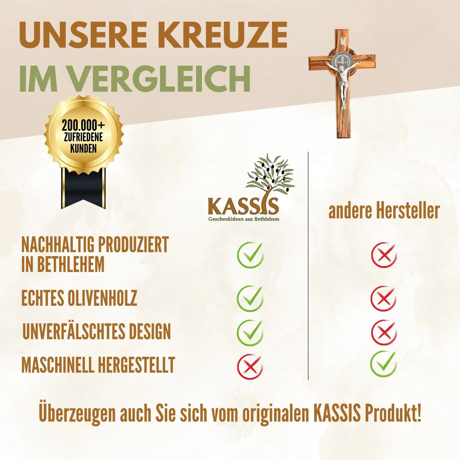 Kassis St. Benedikt Kreuz Olivenholz Wandkreuz