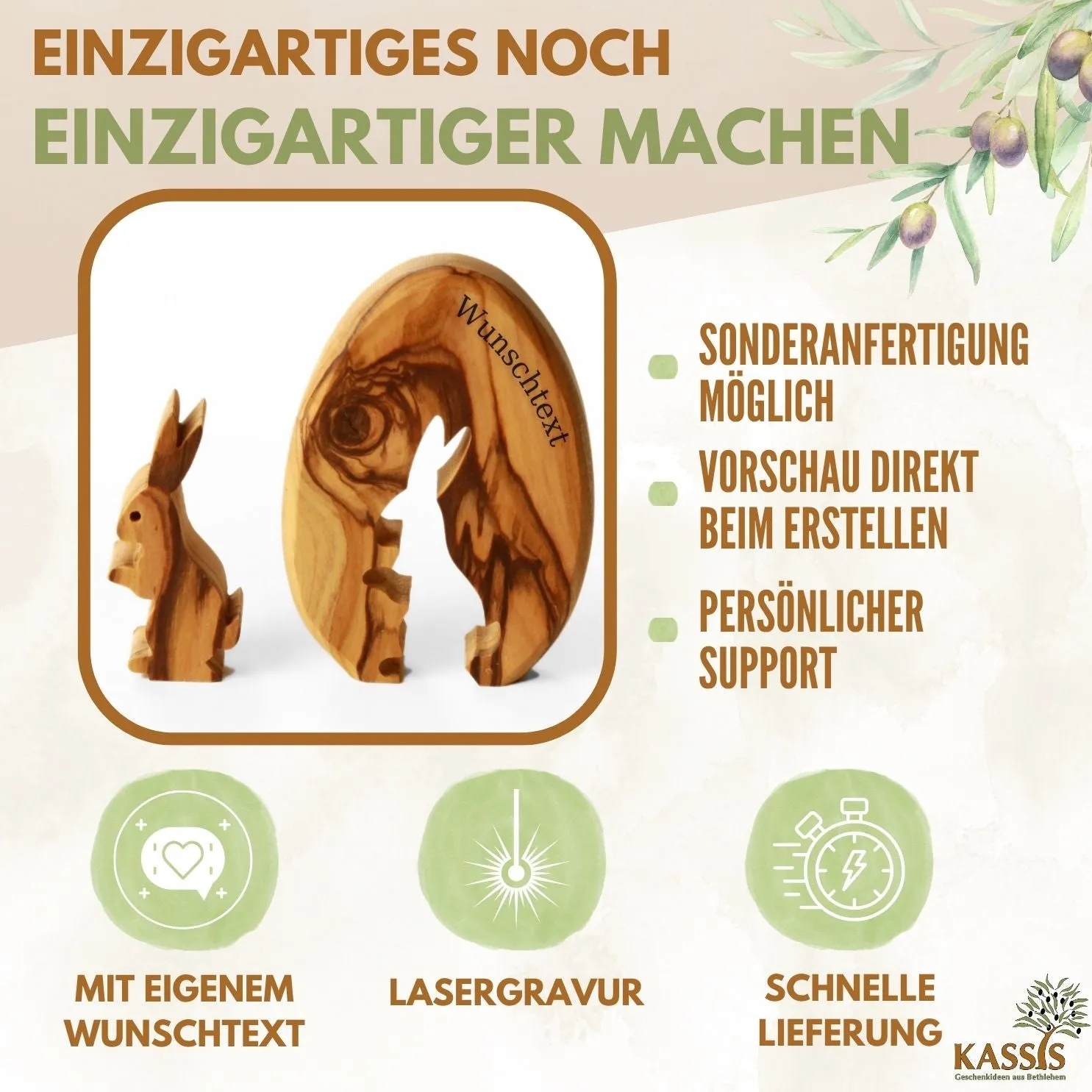 Kassis Osterhase im Ei Olivenholz Tischdeko mit Gravur