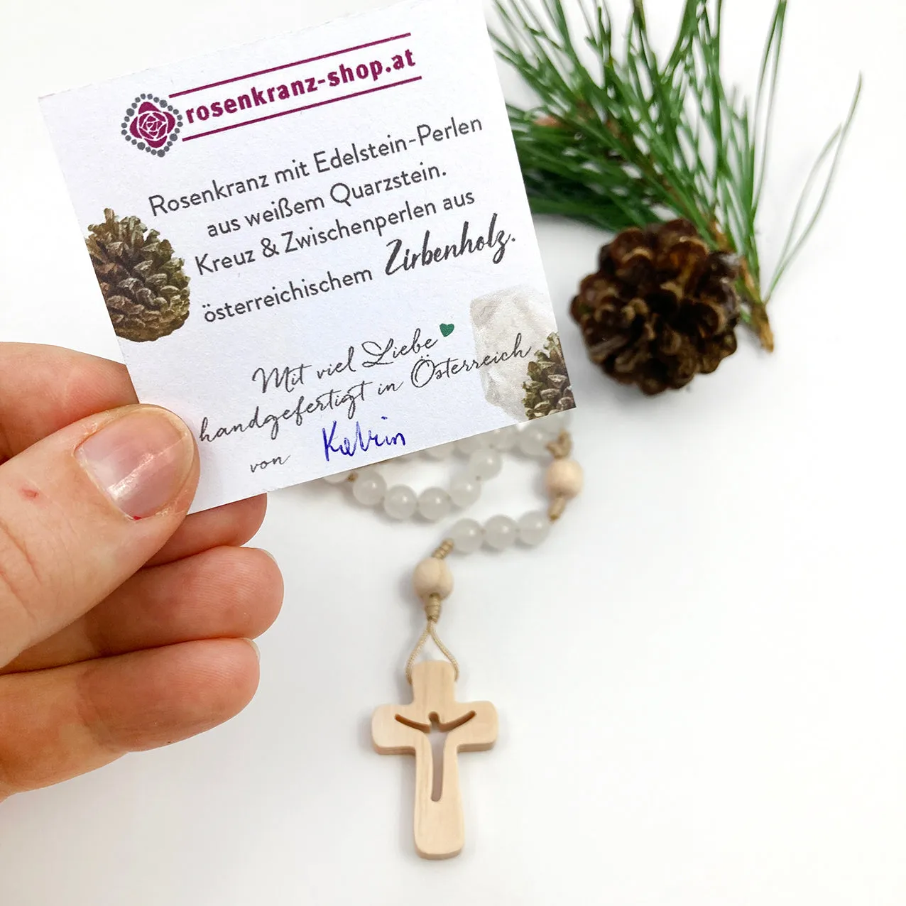 Rosenkränze Scheichelbauer Rosenkranz Milchquarz Zirbenholz handgemacht